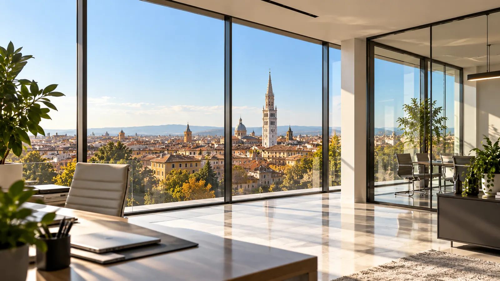 Ufficio moderno con vista panoramica su Modena e la Ghirlandina